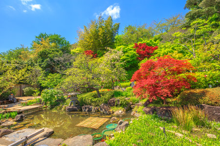 Kamakura, Japan - April 23, 2017: small lake surrounded by a flowering garden in a sunny day at Hase-dera Temple or Hase-kannon, Kanagawa Prefecture, Kamakura.のeditorial素材