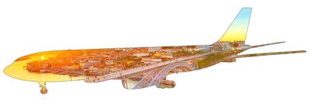 Flight tu Oporto. Airplain silhouette with image of scenic iron bridge on Douro River at sunset in Porto, Portugal. Isolated on white background. Tourism and holidays in Europe. Copy space.の写真素材