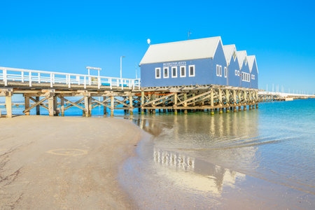 Busselton, Australia - Jan 1, 2018: Busselton Jetty in Busselton Beach, WA, reflected on the sea. At 1841 metres, the jetty is said to be the longest wooden structure in the southern hemisphere.のeditorial素材