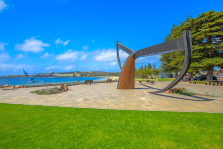 Esperance, Australia - Dec 26, 2017: Esperance waterfront. Whale Tail sculpture, on the beachside at James Street at the port of Esperance, famous for whale watching in Western Australia.のeditorial素材