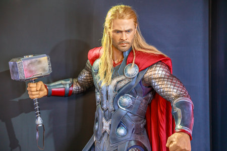 Tokyo, Japan - April 20, 2017: portrait of Thor Chris Hemsworth, God of Thunder, model with an enchanted hammer Mjolnir, from Age of Heroes movie at Mori Tower, Roppongi Hills complex, Minato Tokyo.のeditorial素材