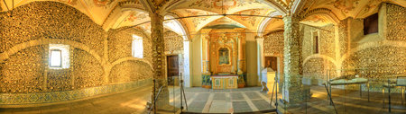 Evora, Portugal - August 18, 2017: Panorama of Chapel of Bones or Capela dos Ossos, one of the most visited monuments of Evora, Portugal. It is an internal chapel next to the Church of San Francesco.のeditorial素材