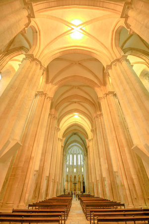 Alcobaca, Portugal - August 15, 2017: interior of central nave of Monastery of Alcobaca or Mosteiro de Santa Maria de Alcobaca in Central Portugal.Architecture background.のeditorial素材