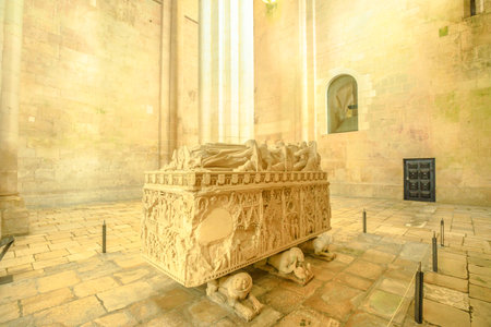Alcobaca, Portugal - August 15, 2017: Gothic sculpture in the tomb of Dom Pedro I and Inez de Castro inside of Church of Alcobaca Monastery or Mosteiro de Santa Maria de Alcobaca in Central Portugal.のeditorial素材