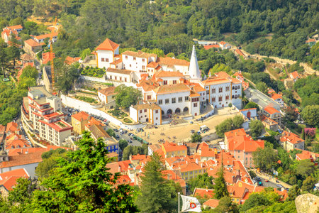 Aerial view of scenic National Palace of Sintra or Town Palace, in Portuguese Palacio Nacional de Sintra, with two white famous chimneys rising out of palace. Sintra, Portugal. Unesco Heritage Siteのeditorial素材