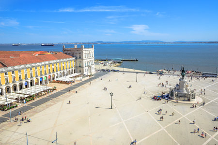 Lisbon, Portugal - August 25, 2017: aerial view from panoramic terrace of Rua Augusta Arch of King Dom Jose I equestrian statues and Tagus River, Praca do Comercio or Commerce Square in Baixa Districtのeditorial素材