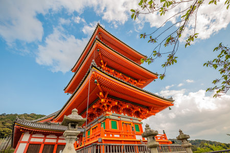 Closeup of red Pagoda of Kiyomizu-dera Temple. Kiyomizu is one of the most celebrated temples of Japan associated with Buddhist Hosso sect. Unesco Heritage Site in Kyoto, Japan.のeditorial素材