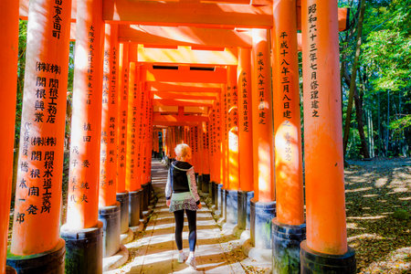 Kyoto, Japan - April 28, 2017: tourist woman walking under red torii gates of famous landmark Fushimi Inari shrine. Travel asia concept. Kyotos popular landmark.のeditorial素材