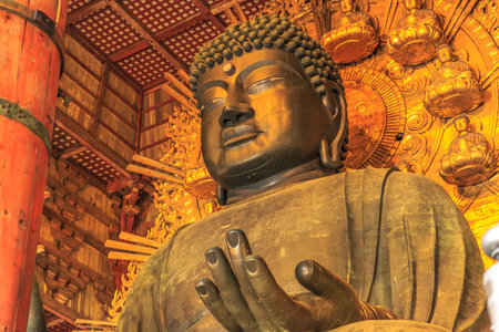 Nara, Japan - April 26, 2017: Details of Great Buddha or Daibutsu, the worlds largest bronze statue of Buddha Vairocana. Todai-ji a Buddhist Temple in Nara, Japan.のeditorial素材