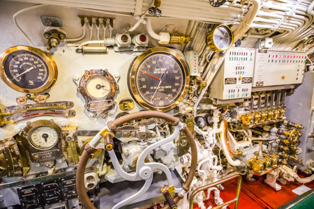 HONOLULU, OAHU, HAWAII, USA - AUGUST 21, 2016: machine room detail of USS Bowfin Submarine SS-287 at Pearl Harbor. Historic Landmark of the Japanese attack in WW II.のeditorial素材