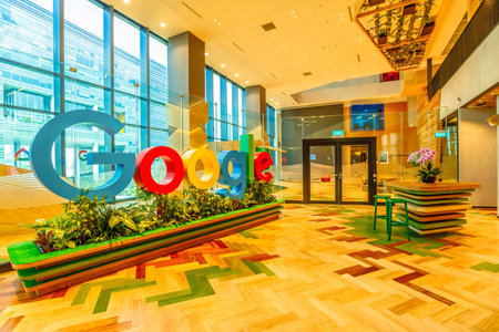 Singapore - May 5, 2018: Google sign in the new offices of Google Headquarters in Mapletree Business City II, Singapore. Googles Asia-Pacific HQ with employs 1000 people.のeditorial素材