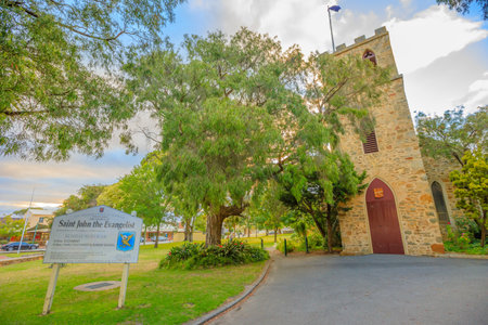Albany, Australia - Dec 28, 2017: St. John the Evangelist Anglican Church at twilight, on York Street in Albany, the oldest church to be consecrated in Western Australia. Construction began in 1841.のeditorial素材