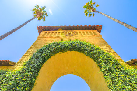 Palo Alto, California, United States - August 13, 2018: bottom view of Gate to Main Quad. Stanford University Campus is one of the most prestigious universities in the world. Silicon Valley, CA.のeditorial素材