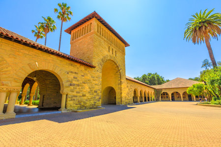 Palo Alto, California, United States - August 13, 2018: Main Quad and gate entrance at Stanford University Campus, one of the most prestigious universities in the world, San Francisco Bay areaのeditorial素材