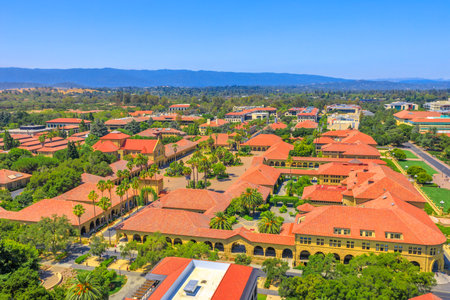 Palo Alto, CA, United States - August 13, 2018: aerial view of Stanford University Main Quad and Memorial Church. The Campus seen from Hoover Tower Observatory. Silicon Valley, San Francisco Bay area.のeditorial素材