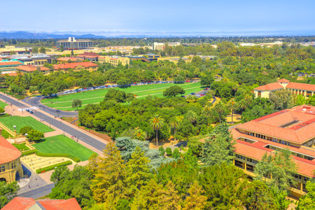 Palo Alto, CA, United States - August 13, 2018: aerial view of main oval grass entrance to Standford University, one of the most prestigious universities in the world, from Hoover Tower Observatoryのeditorial素材