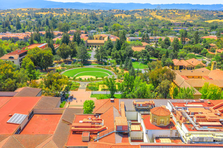 Palo Alto, California, United States - August 13, 2018: aerial view of Stanford University Campus seen from Hoover Tower Observatory. Stanford is one of the most prestigious universities in the world.のeditorial素材