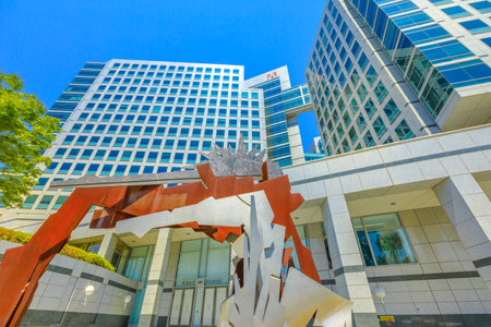 San Jose, CA, United States - August 12, 2018: modern sculpture at Adobe headquarters building in Park Ave in San Jose. Adobe is leader software house of the Silicon Valley and big microstock agency.のeditorial素材