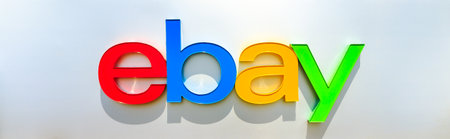 San Jose, California, USA - August 12, 2018: eBay logo isolated from the sign of eBays headquarters in San Jose, Silicon Valley, California. eBay Inc. is a multinational company, leader in e-commerceのeditorial素材