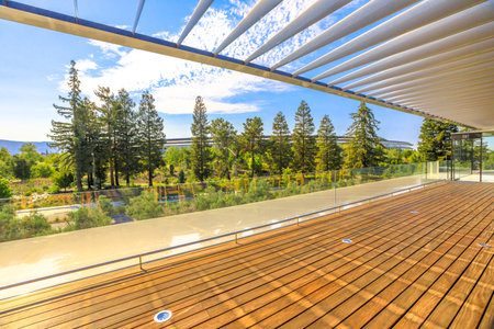 Cupertino, CA, United States - August 12, 2018: terrace of Apple Park Visitor Center overlooking the...