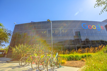 Mountain View, California, USA - August 13, 2018: Exterior of a Google headquarters building. Google technology company leader in internet services, online advertising, search engine, cloud computing.のeditorial素材