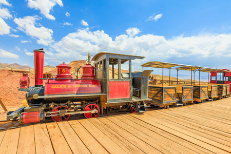 Calico, California, USA - August 15, 2018: Calico Station and Odessa Railroad narrow gauge that with...