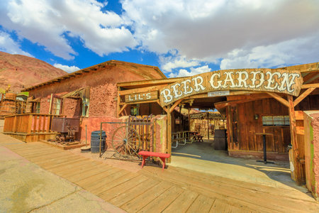 Calico, CA, USA - August 15, 2018: Lils Saloon Beer Garden in main street of Cowboy Theme Park, Yermo.Calico was designated Silver State Rush Ghost Town of California near Barstow, San Bernardino.のeditorial素材