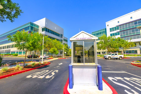Sunnyvale, California, United States - August 12, 2018: Yahoo security checkpoint at Yahoo Inc Headquarters in 701 First Ave, Silicon Valley, CA. Yahoo is one of the main search engine portals.のeditorial素材