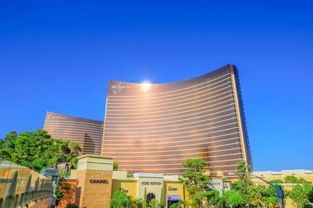 Las Vegas, Nevada, United States - August 18, 2018: aerial view of Wynn and Encore Tower Resort 5-star Casino Hotel in Las Vegas Strip and luxurious shopping with famous brands. Sunny day, blue sky.のeditorial素材