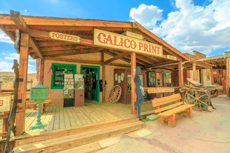 Calico, CA, USA - August 15, 2018: Calico print shop in main street of Cowboy Theme Park, Yermo.Calico was designated Silver State Rush Ghost Town of California near Barstow, San Bernardino County.のeditorial素材