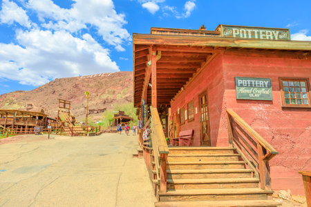 Calico, CA, USA - August 15, 2018: Pottery in main street of Cowboy Theme Park, Yermo. Calico was designated Silver State Rush Ghost Town of California near Barstow, San Bernardino County.のeditorial素材
