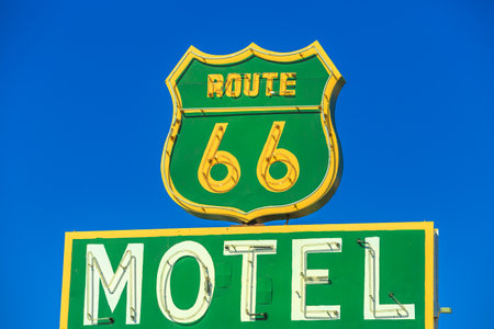Barstow, California, USA - August 15, 2018: famous Route 66 Motel Sign, only renovated historic motel with vintage cars, in heart of Barstow on Route 66, the citys Main Street, San Bernardino County.のeditorial素材
