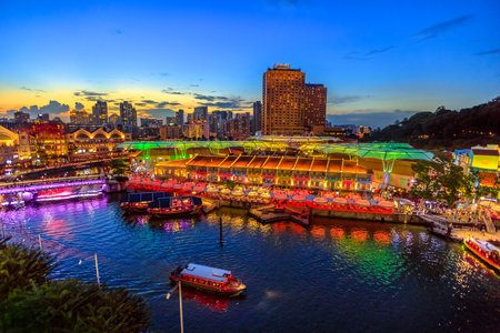 Singapore - May 5, 2018:Scenic aerial view of Clarke Quay and Riverside area at blue hour in Singapore, Southeast Asia. Waterfront skyline reflected on Singapore River. Popular attraction for nightlife.のeditorial素材