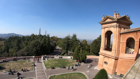Bologna, Italy - September 29, 2018: top view of courtyard of Madonna of San Luca Sanctuary on...