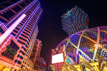 Macau, China - December 8, 2016: neon lights Grand Lisboa Casino with the tallest tower in Macao and a colorful giant dome.のeditorial素材