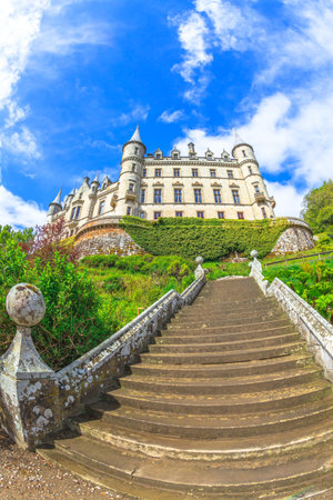 Bottom view of the stairway of Eilean Donan Castle located in Dornie town of Scotland, United Kingdom. Eilean Donan Castle is the most visited castle of UK.のeditorial素材