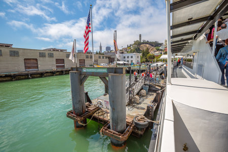 San Francisco, California, United States - August 14, 2016: Alcatraz landing pier of boat tour Alcatraz Flayer to Alcatraz island in San Francisco bay, California.のeditorial素材