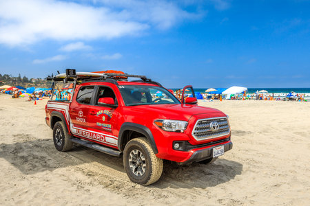 La jolla, California, United States - August 3, 2018: American lifeguard fire-rescue on the sand of La Jolla Beach in San Diego. California fire, Pacific Coast. Blue sky, summer season. Copy spaceのeditorial素材