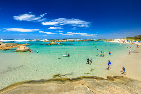 Denmark, Western Australia - Dec 30, 2017: people swimming and canoeing in the calm and sheltered waters of Greens Pool in William Bay NP, Denmark Region. Popular summer destination in Australia.のeditorial素材