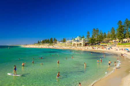 Cottesloe, Western Australia - Jan 2, 2018: white sand, calm turquoise waters for snorkeling at...