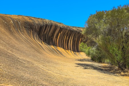 Scenic landscape of Wave Rock a rock formation that is shaped like a tall ocean wave, Hyden, Western Australia. Wave Rock in Hyden Wildlife Park is a popular attraction. Blue sky with copy space.の写真素材