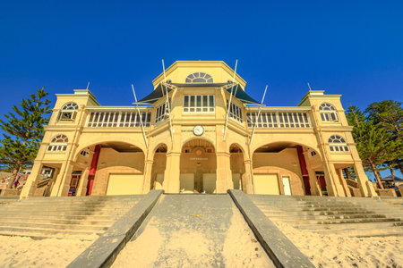 Cottesloe, Western Australia - Jan 2, 2018: front facade of Cottesloe Surf Lifesaving Club and Restaurant at sunset light in Cottesloe Beach, Perths most famous beach on the Indian Ocean.のeditorial素材