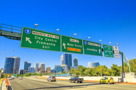 Perth, Western Australia - Jan 3, 2018: Perth highway road sign of Fremantle City Center, West...