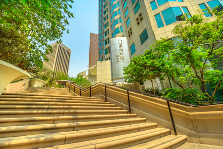 Los Angeles, California, United States - August 9, 2018: Bunker Hill Steps leading to popular Oue Skyspace U.S. Bank Tower with observation deck at 70th floor. Downtown LA, Southern California.のeditorial素材