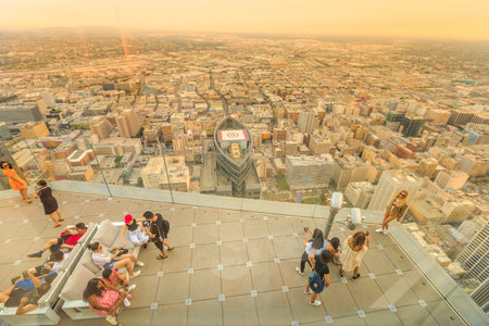 Los Angeles, California, United States - August 9, 2018: aerial view of tourists taking photo on...