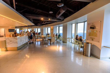 Los Angeles, California, United States - August 9, 2018: people inside Oue Skyspace U.S. Bank Tower...