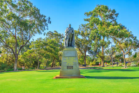 Perth, Australia - Jan 3, 2018: John Forrest statue, the first Premier of Western Australia at Kings Park, the most popular visitor destination in WA on Mount Eliza in Perth. Sunny day with blue sky.のeditorial素材