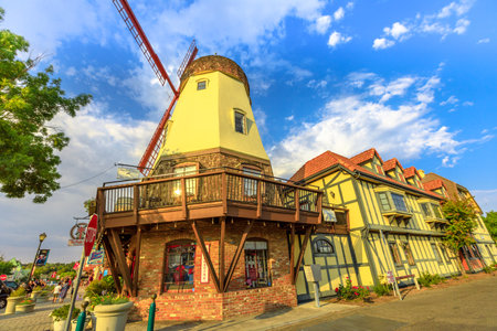 Solvang, California, United States - August 10, 2018: old windmill and danish urban architecture in Santa Ynez Valley, Santa Barbara County. Solvang is the major California tourist attraction.のeditorial素材