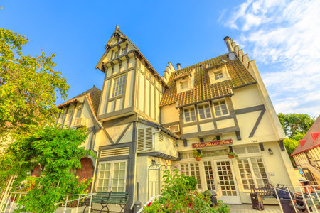 Solvang, California, United States - August 10, 2018: Wine Valley Inn hotel in main street of Solvang downtown wine country of Santa Ynez Valley, famous travel destination. Blue sky, summer season.のeditorial素材