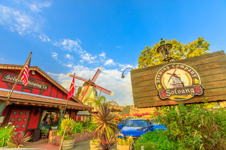 Solvang, California, United States - August 10, 2018: Welcome to Solvang Brewing Company in Solvang Historic Downtown, a Danish Village in Santa Ynez Valley. Famous travel destination.のeditorial素材